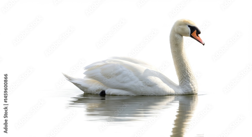Fototapeta premium Elegant white swan gracefully swimming in calm water, reflecting its beauty in a serene scene of nature, showcasing purity, peace, and tranquility in wildlife photography
