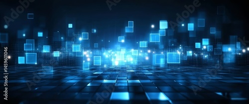 Abstract Digital Landscape with Glowing Blue Squares