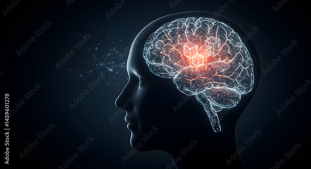 Obraz premium Illuminated brain circuit inside human head