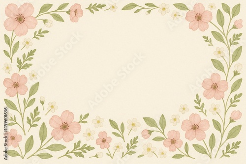 A delicate watercolor illustration featuring soft pink flowers and green foliage arranged around the edges of a light beige background. The center is left blank, ideal for adding text.