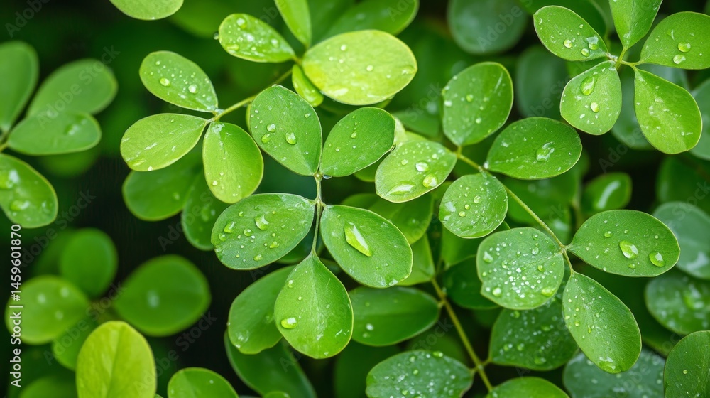 Fresh Green Leaves with Dewdrops Close Up on Natural Background Fresh Green Leaves with Dewdrops Close Up on Natural Background
