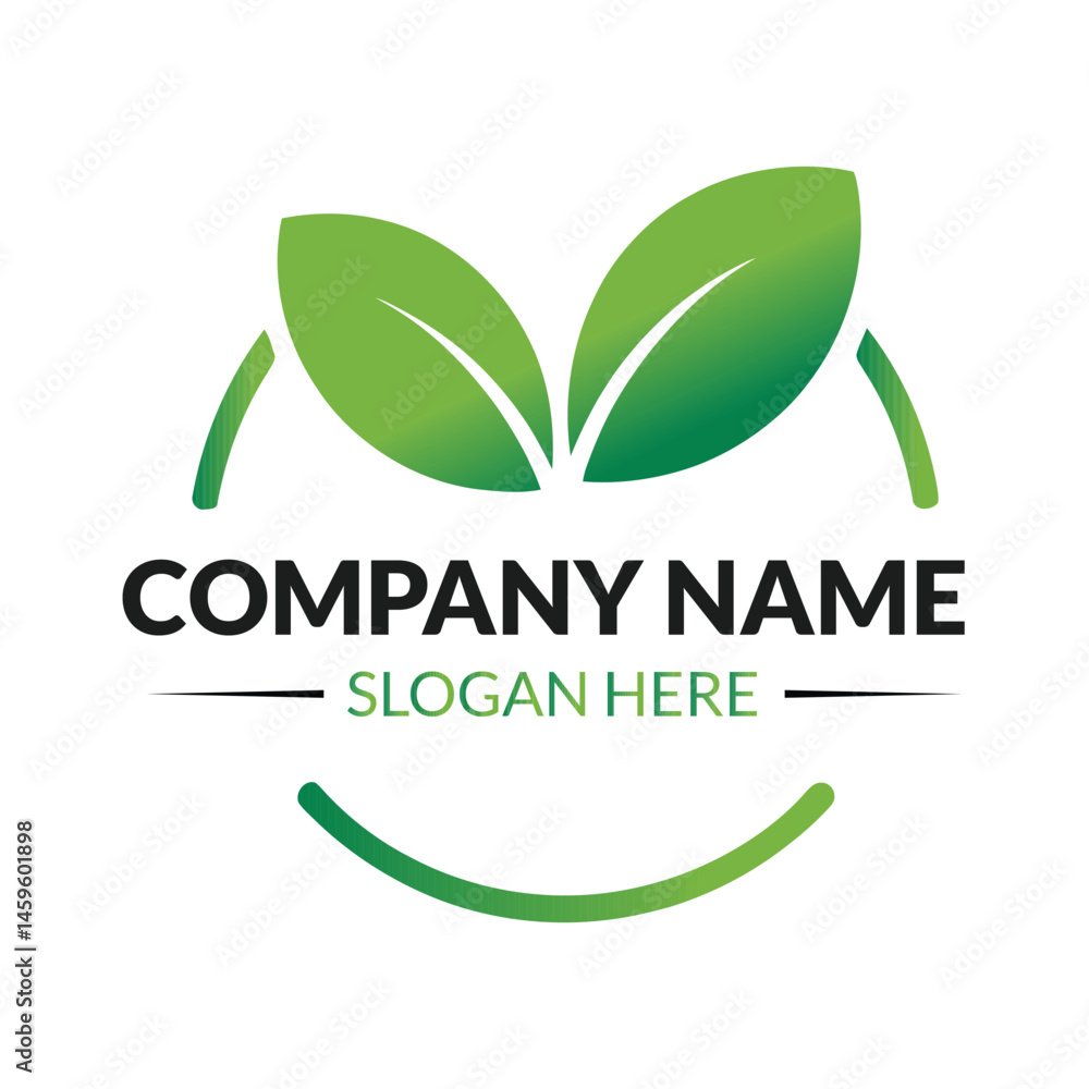 Obraz premium Green leaf logo design with company name and slogan in round frame art
