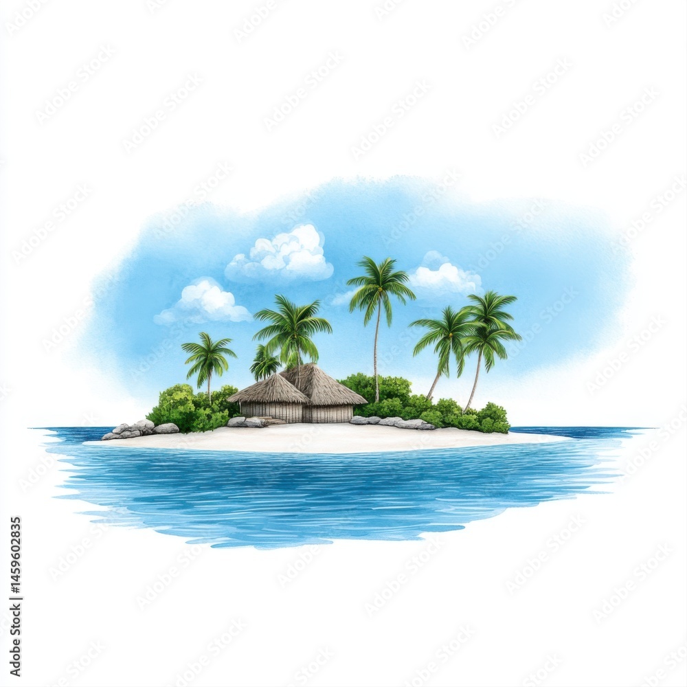 Peaceful Tropical Island with Palm Trees and Beach Hut under Blue Sky