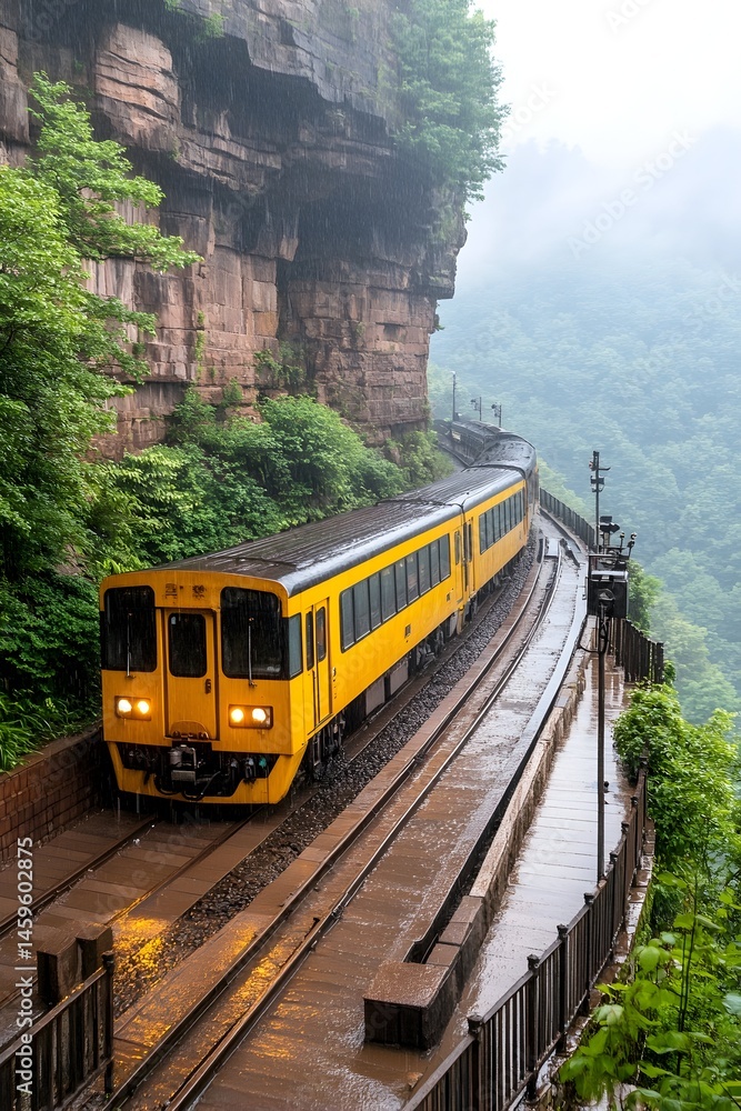 Obraz premium A yellow train navigates a misty mountainside track clinging to a cliff edge