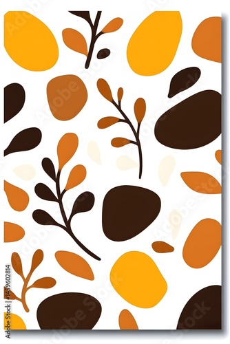 Abstract autumnal pattern with stylized leaves and organic shapes in warm oranges and browns on a white background