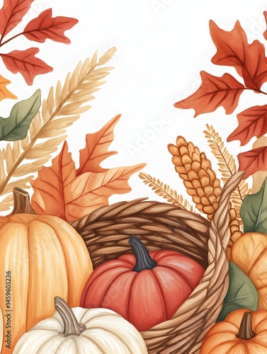 Autumnal harvest scene with pumpkins in a woven basket, surrounded by fall leaves and wheat