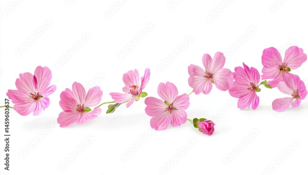 Fototapeta premium Delicate pink flowers in a flowing arrangement against a white background. Soft petals, slender stems, and a few buds create a gentle, airy aesthetic