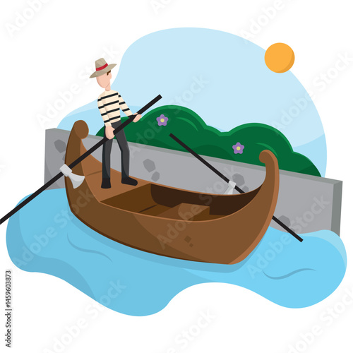 Gondolier rowing traditional boat. Vector