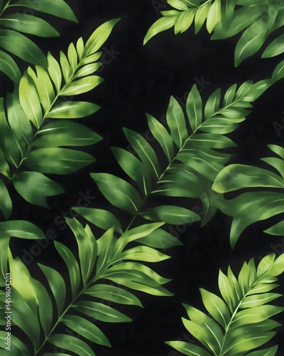 Lush green foliage on a dark background, creating a vibrant tropical pattern