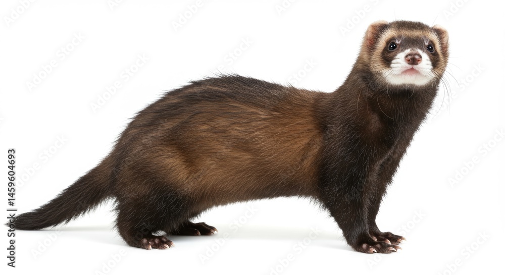 Fototapeta premium Full Body Studio Shot of a Curious Brown Ferret Standing Alert on a White Background, Looking Upward with Shiny Fur and Whiskers, Capturing its Playful and Intelligent Nature