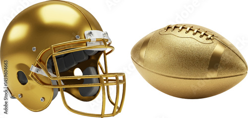 golden american football helmet and ball vector illustration, isolated shiny sport equipment for championship and design, luxury game gear on white background