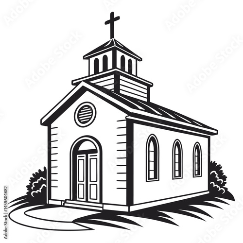 Simple Black and White Illustration of a Small Church Building