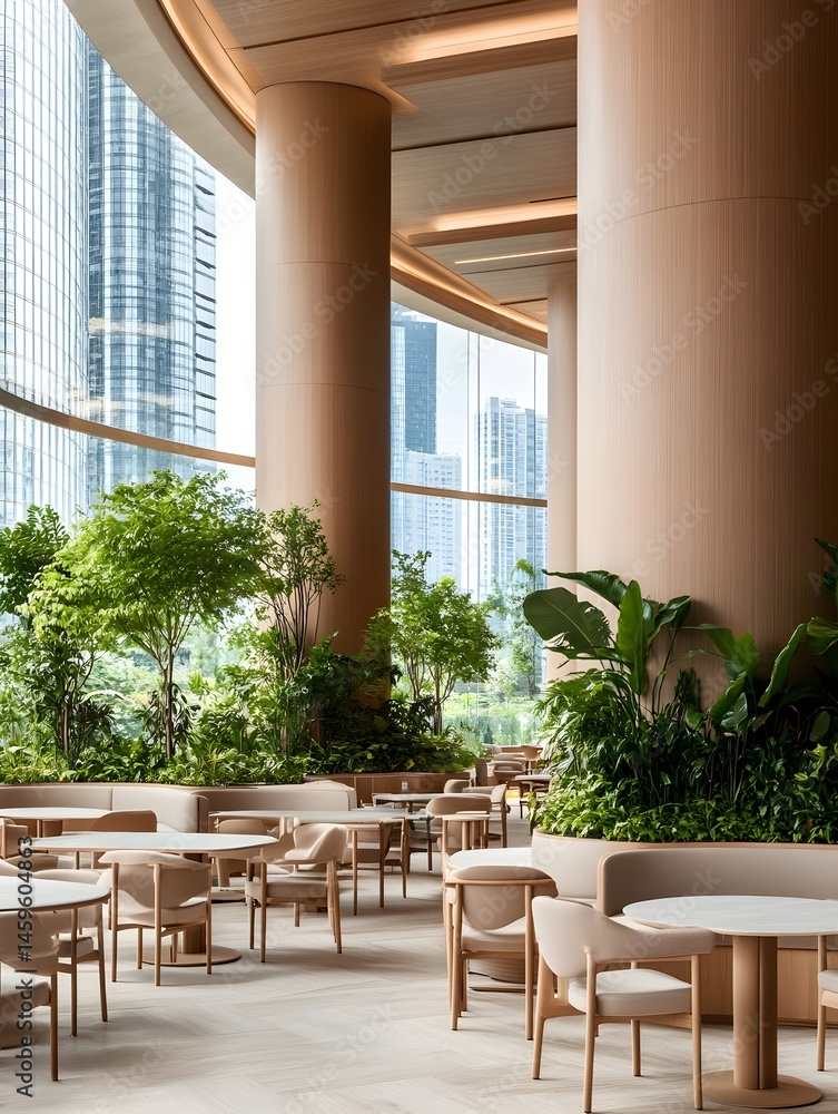 Fototapeta premium Serene indoor dining area with abundant greenery and curved walls, offering a tranquil atmosphere