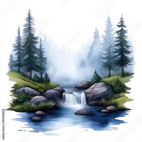Serene Forest Landscape with Waterfall and Misty Background Scene