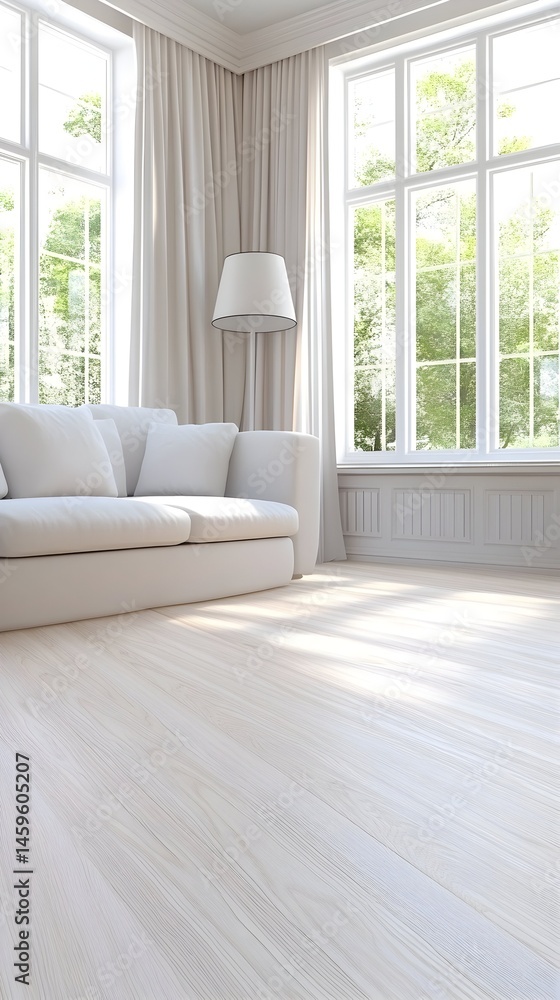 Fototapeta premium Sunlit living room with white sofa, floor lamp, and large windows showcasing a bright, airy, and minimalist aesthetic