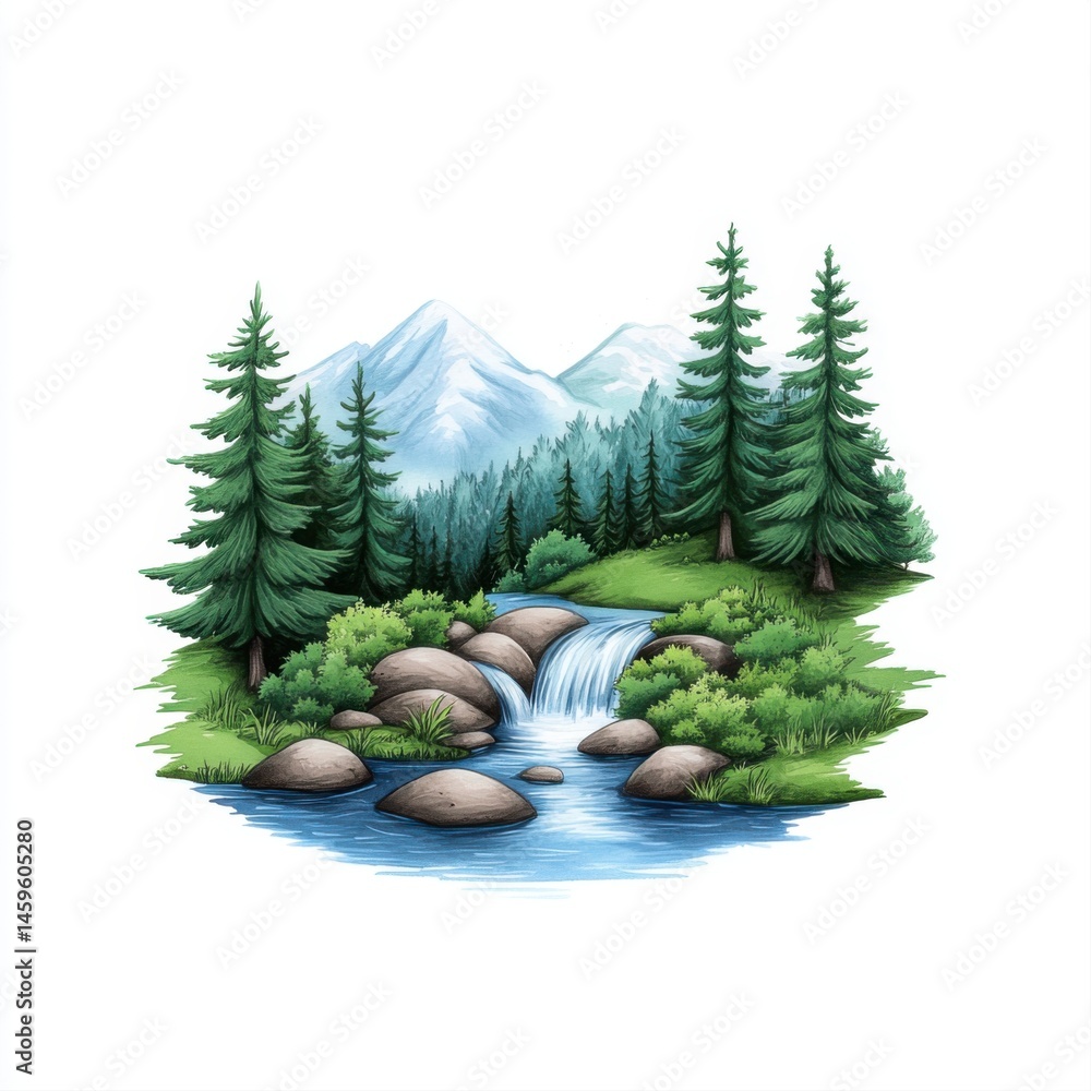Scenic Mountain Landscape with River and Lush Green Forest Illustration
