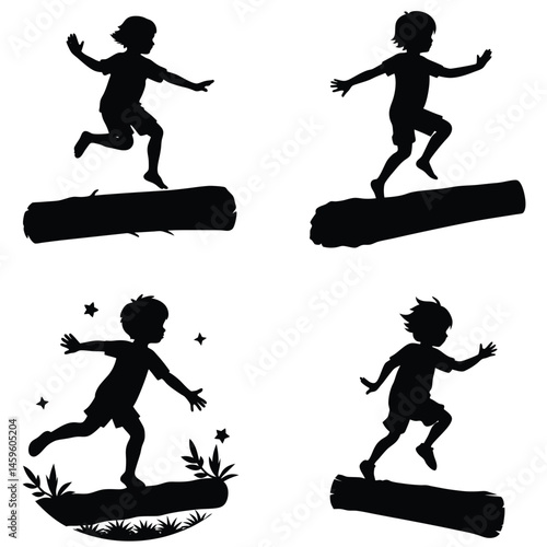 Boy Silhouette Running On Log Vector Illustration In Different Poses And Environments