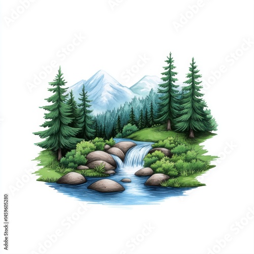 Obraz na płótnie Scenic Mountain Landscape with River and Lush Green Forest Illustration w salonie