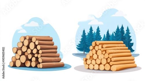 Stacked Logs in a Forest Setting with Clear Blue Skies and Green Trees