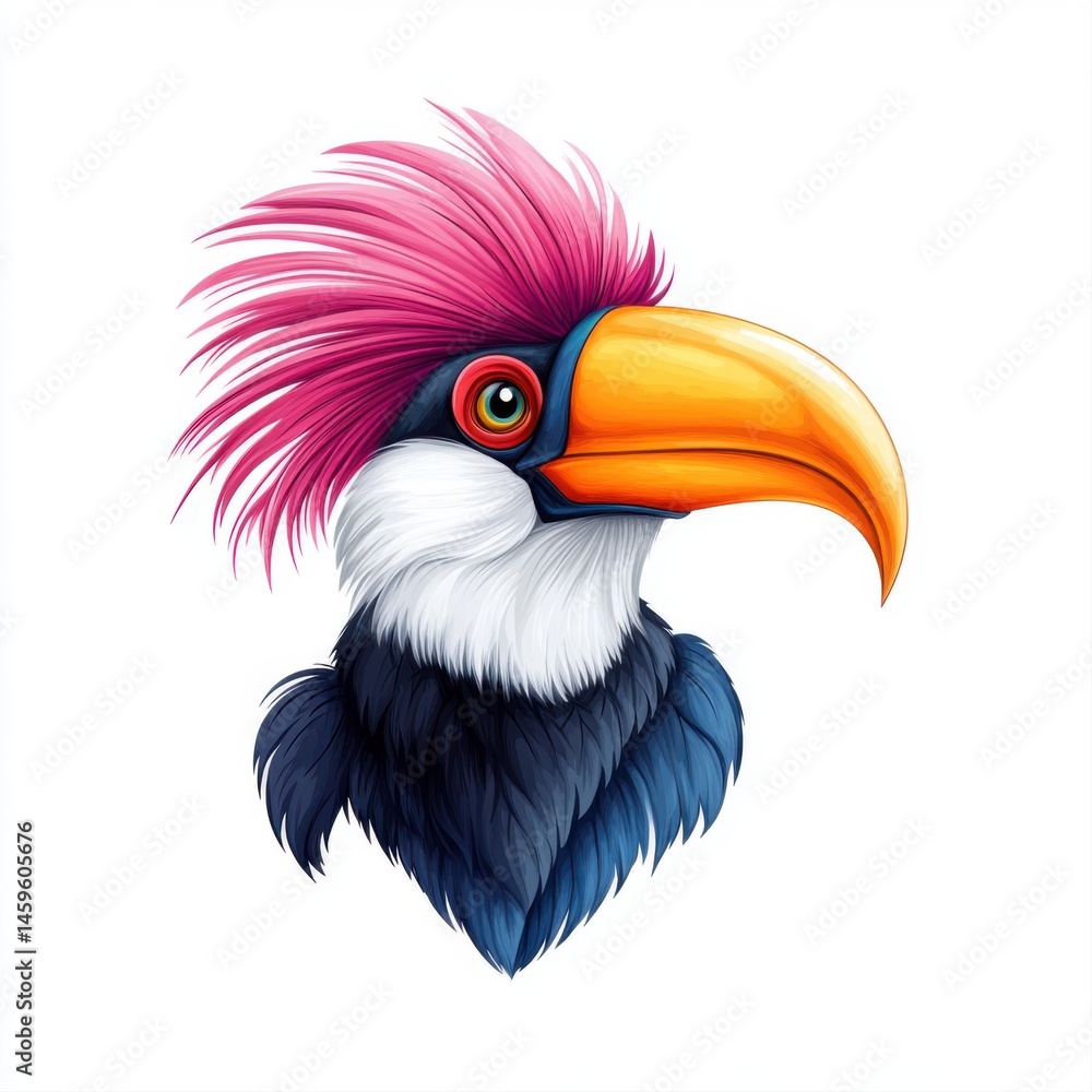Colorful Bird Illustration with Pink Feathers and Bright Beak