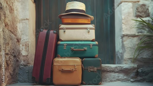 Stacked suitcases with a hat placed on top, set against a neutral background. Travel concept with vintage and modern luggage elements.