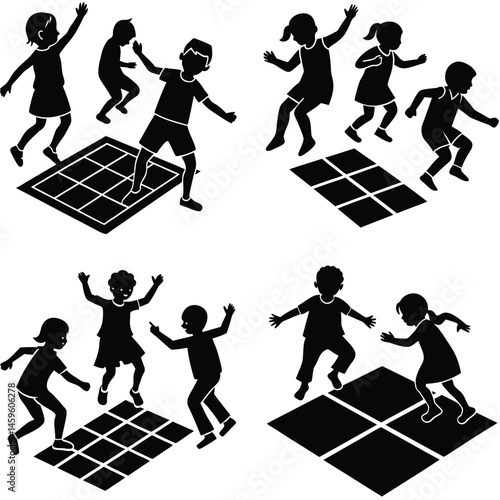 Children Playing Hopscotch Black Silhouette Vector Illustration Fun Games Concept