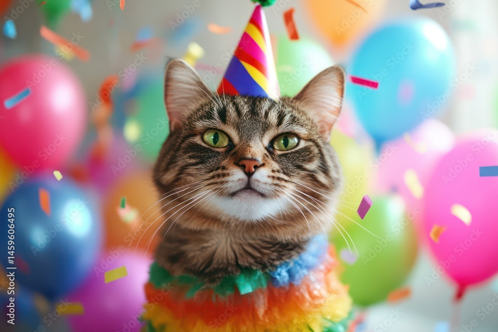 Funny party cat in hat with balloons and confetti Funny party cat in hat with balloons and confetti