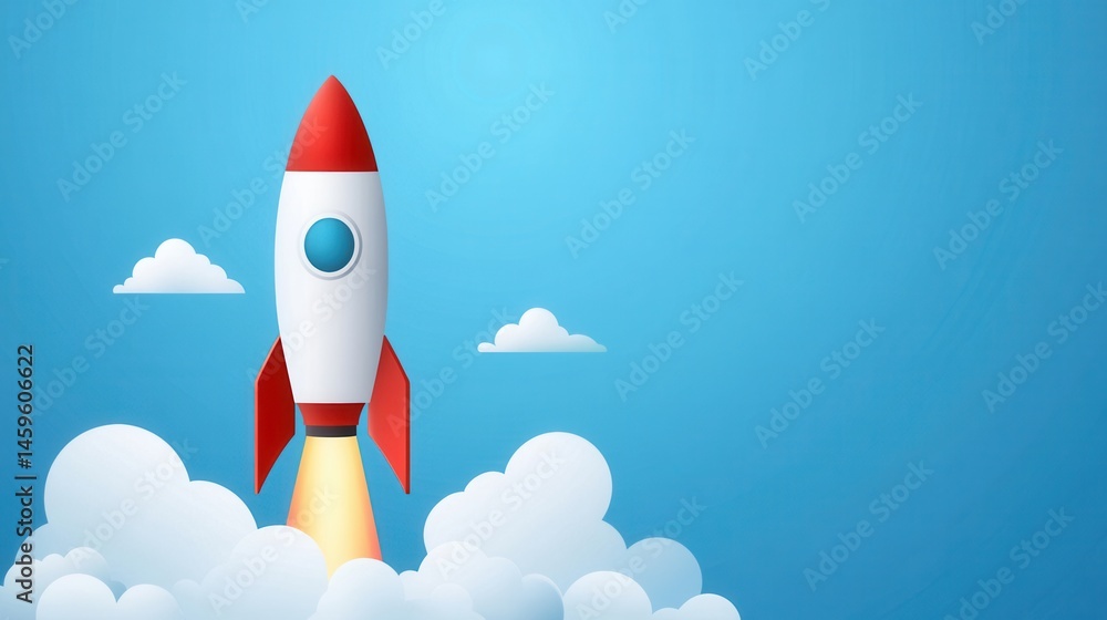 Colorful Rocket Launching Into Blue Sky Surrounded by Fluffy White Clouds