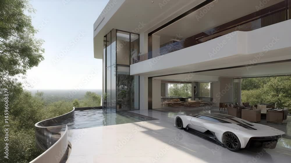 Luxurious modern villa exterior showcasing infinity pool, sleek white car, and expansive glass facade overlooking scenic greenery on a sunny day Luxurious modern villa exterior showcasing infinity pool, sleek white car, and expansive glass facade overlooking scenic greenery on a sunny day