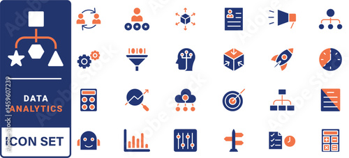 Data analytics icon set. Containing data analysis, data mining, global data, monitoring, data processing, big data, data visualization and more. Outline vector icons collection.