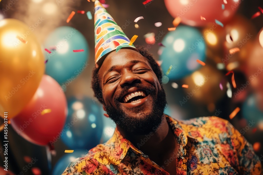 man celebrating with party hat and balloons man celebrating with party hat and balloons
