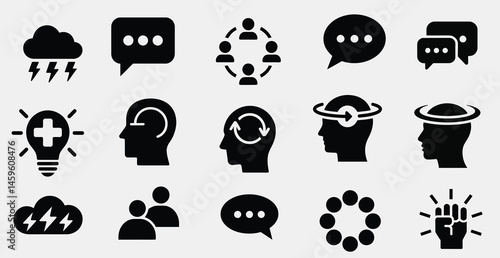 
minimalist black and white icon set – mental health, teamwork, communication, healthcare, motivation, innovation symbols
