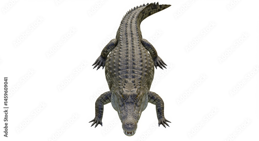 Naklejka premium Top-down view of a menacing alligator with textured skin and sharp teeth, isolated on white, perfect for wildlife and reptile projects. The alligator is ready to strike a pose, showcasing its impressi