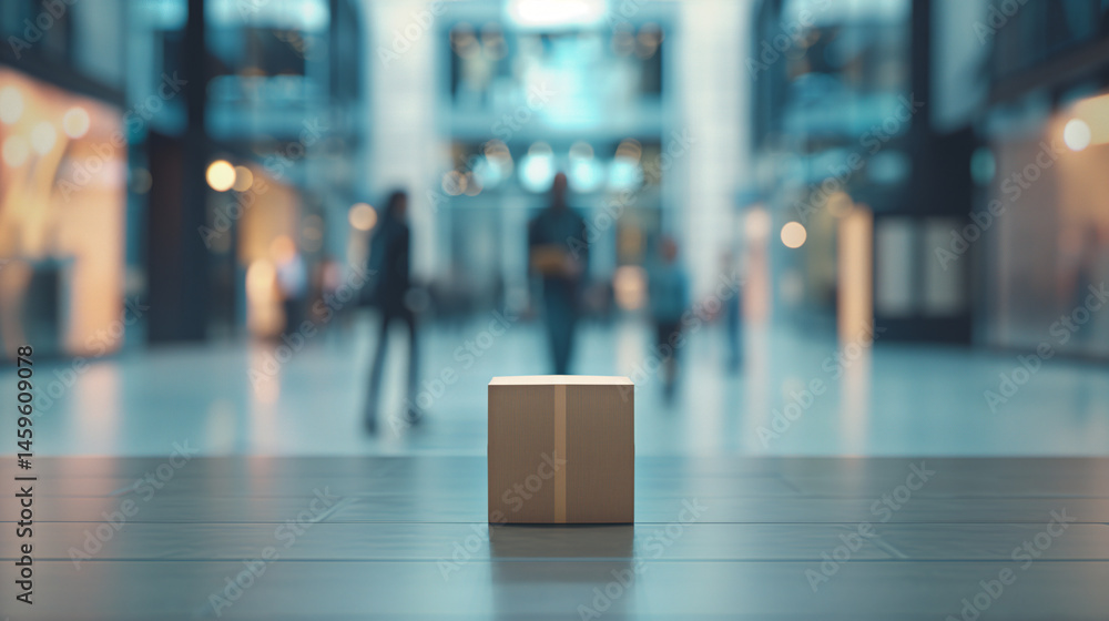 Fototapeta premium A lone parcel box positioned in a modern shopping mall, with blurred figures in the background