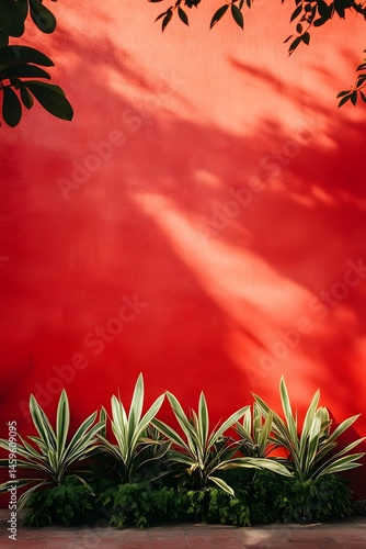 A red wall, green plants at the bottom of it, a flat painted background, bright colors, minimalism