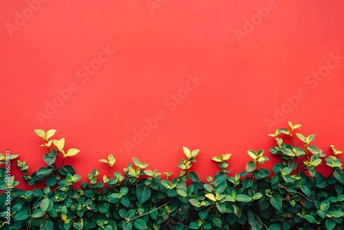 A red wall, green plants at the bottom of it, a flat painted background, bright colors, minimalism