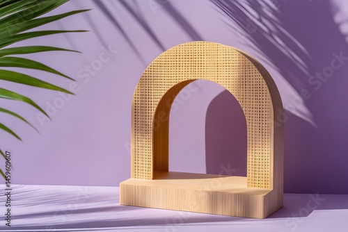 A simple and minimalist wooden stand with an arch-shaped design on the front, placed against a purple background. The display is set in sunlight to highlight its natural wood texture