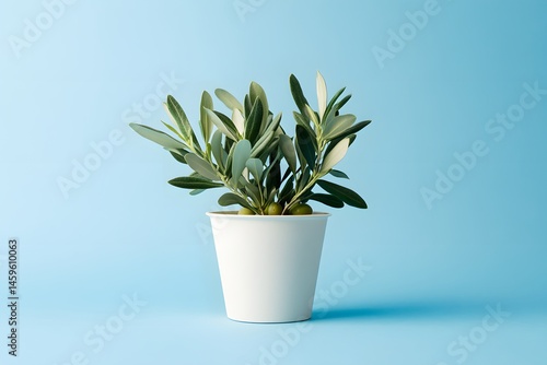 A small white cardboard planter with olive leaves inside, on a light blue background. This is a product photography image, simple and minimalistic in style