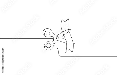 Scissors Cutting a Ribbon, Continuous one line drawing of cutting ribbon for grand opening, Ribbon cutting ceremony for opening event or company concept.