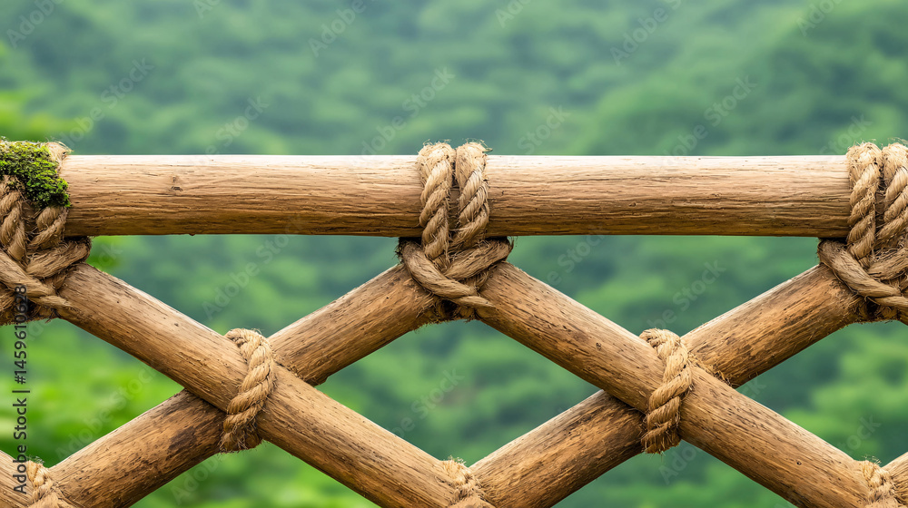 Obraz premium A rustic wooden fence with rope knots creates a diamond pattern with a blurred green background.