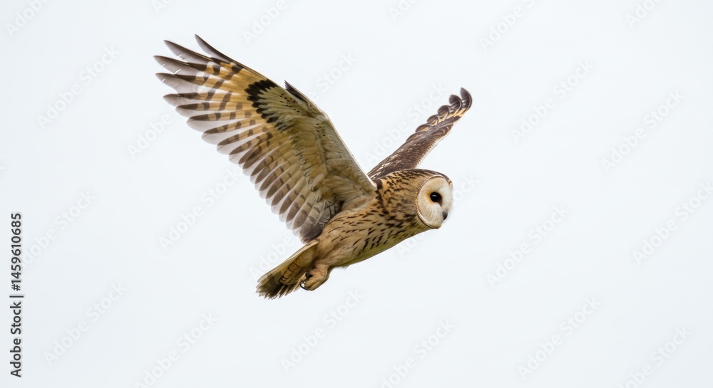 Fototapeta premium Majestic short-eared owl soaring gracefully through the sky with its wings spread wide, a captivating moment of wildlife in action, showcasing its beauty and freedom in flight, perfect for nature and 
