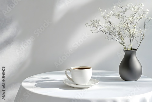 A white tablecloth with one coffee cup and a vase of flowers on it, against a plain gray background