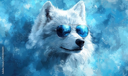 Cool white wolf portrait with blue sunglasses,  painted in blue hues