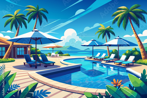 vector of A tranquil blue pool with sunbeds and umbrellas overlooking the ocean at a luxury resort