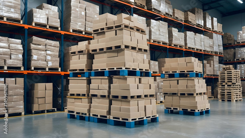 High-density warehouse storage with cardboard boxes on pallets