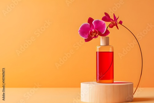 A bottle of red liquid on a wooden stand, with an orchid flower next to it and a swirling light orange background