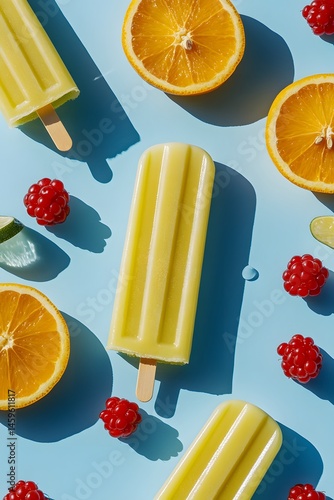 Popsicle photo of orange, lemon, and lime ice pops on a blue background with red berries