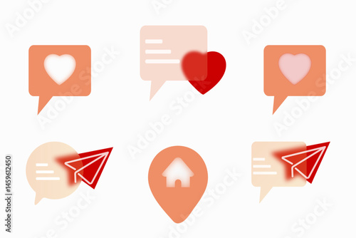 A set of message effect vector icons of modern trend in the style of glass morphism with gradient, blur and transparency.