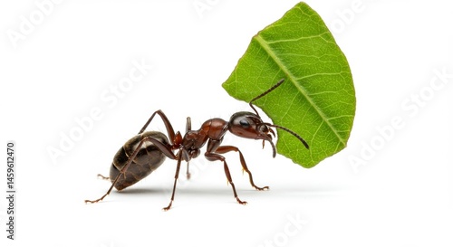 Leafcutter ant carrying a large green leaf on a white background showcasing teamwork strength and determination in nature wildlife insect leaf cutting