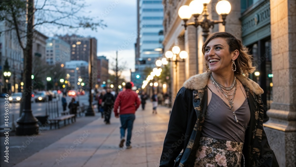 Fototapeta premium Smiling young woman enjoying vibrant city life at dusk against urban street background